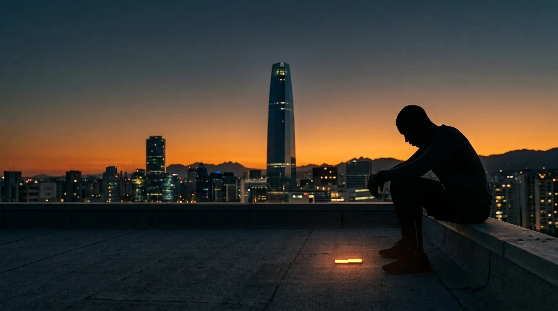 Silueta sentada en el parapeto de una azotea sobre la ciudad al atardecer; el teléfono, encendido, en el suelo.