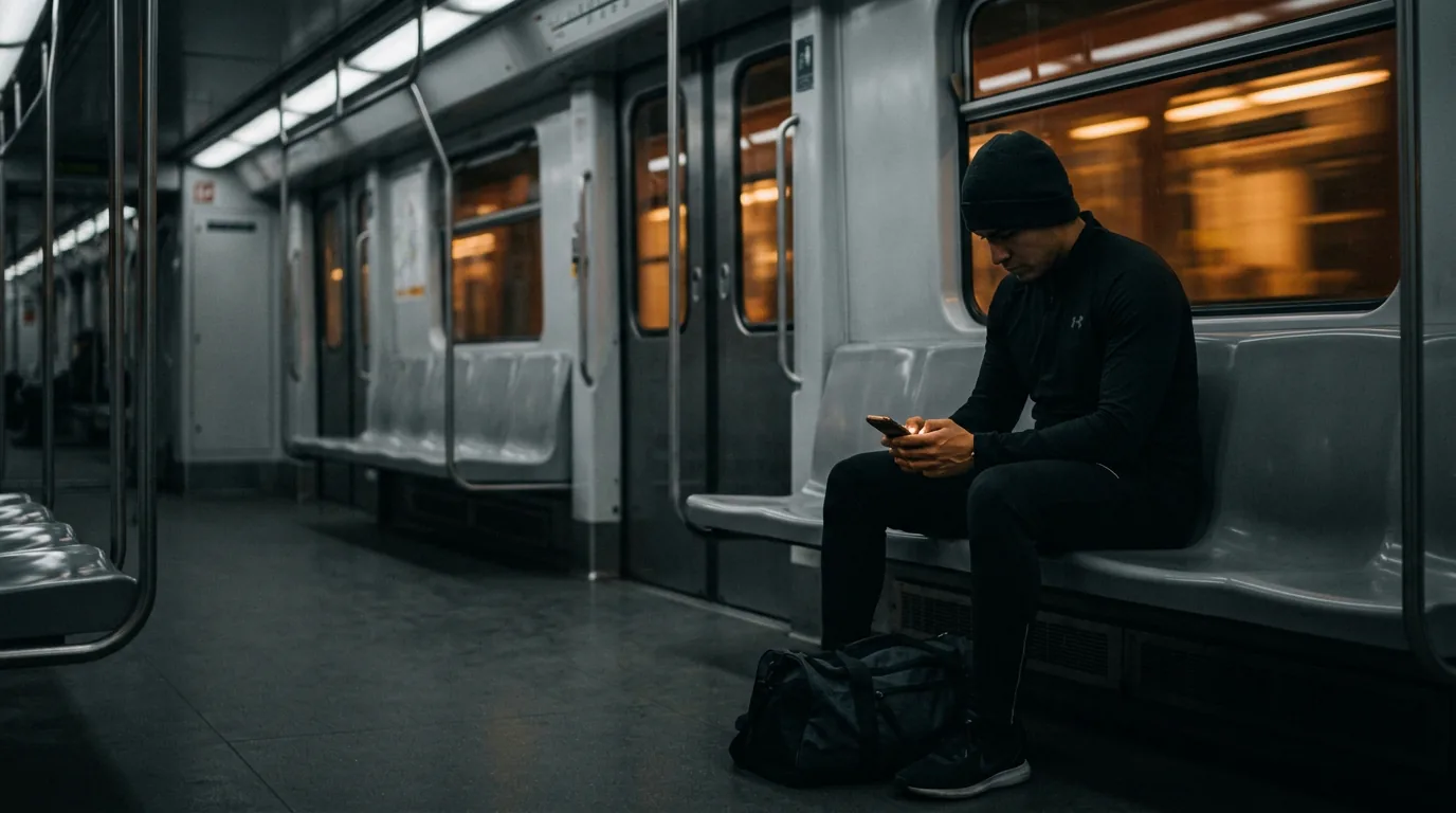 Un cliente con bolso de gimnasio revisa el teléfono en un vagón de metro casi vacío, temprano.