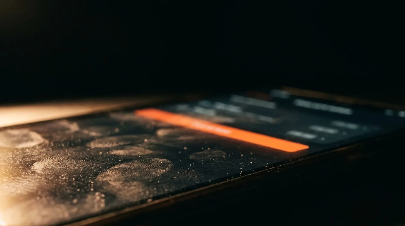 Un teléfono sobre una superficie oscura, con huellas de tiza en la pantalla y un botón naranja encendido.
